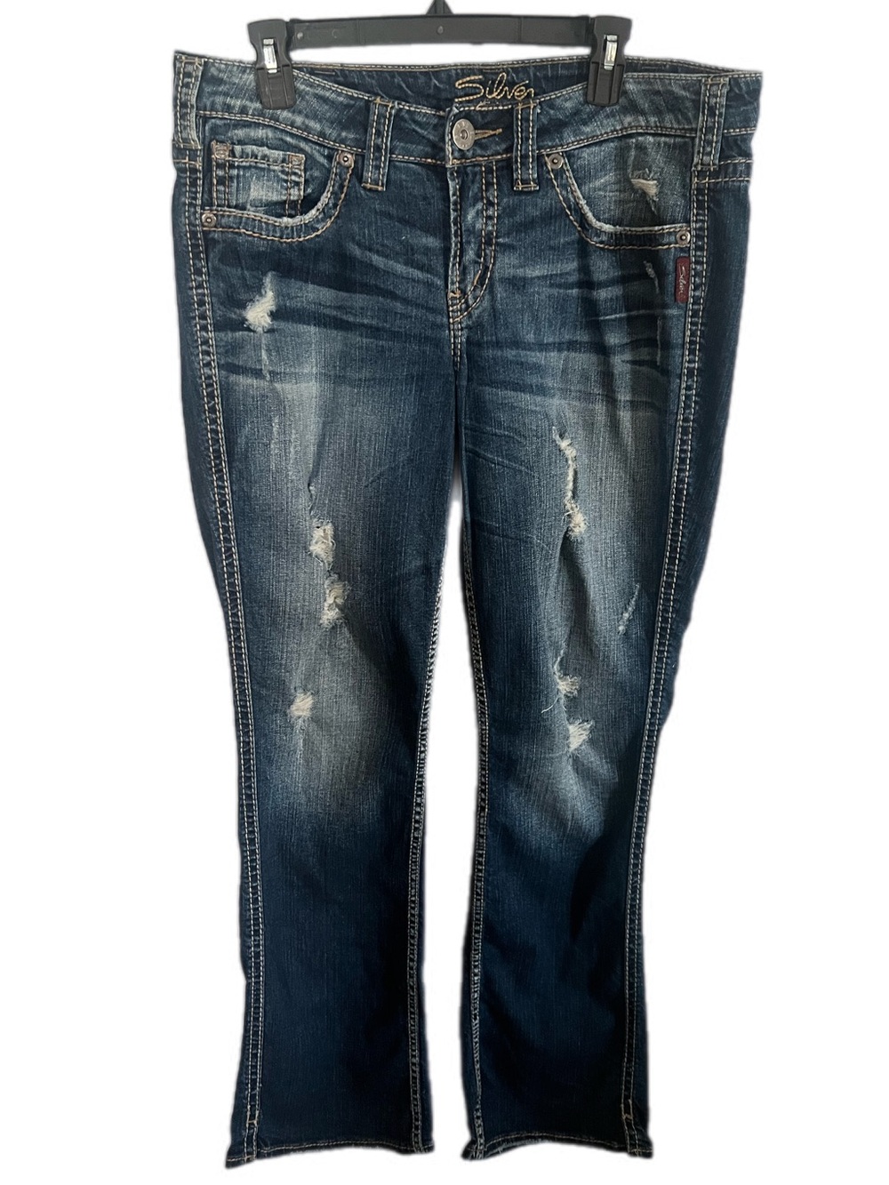 Vintage Silver Jeans Frances Distressed Destructed Dark Denim Boot Cut Jeans